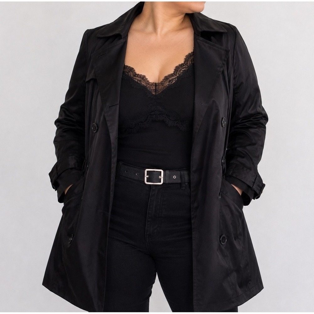 IZ Byer Y2K Black Satin Trench Coat Jacket Belted Double Breasted L Minimalist